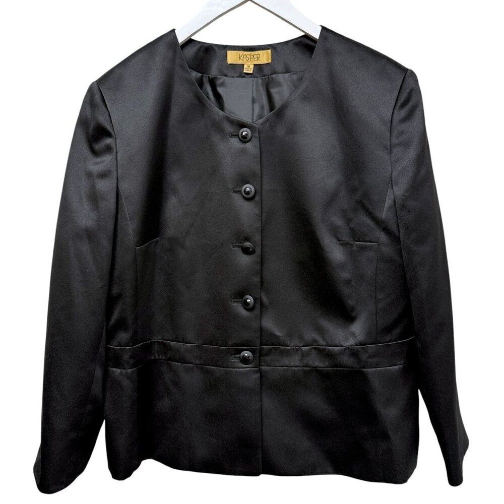 KASPER Black Evening Jacket Size 16 Matte Satin Womens Special Occasion Blazer